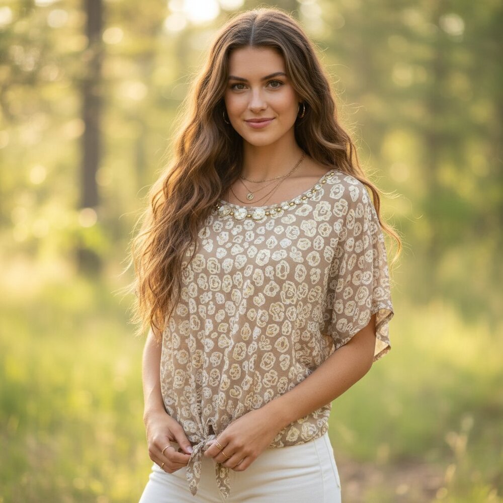 Ruby Rd PXL Top Tan Animal Beaded Tie Boho Y2K Casual Indie Chic Neutral Resort